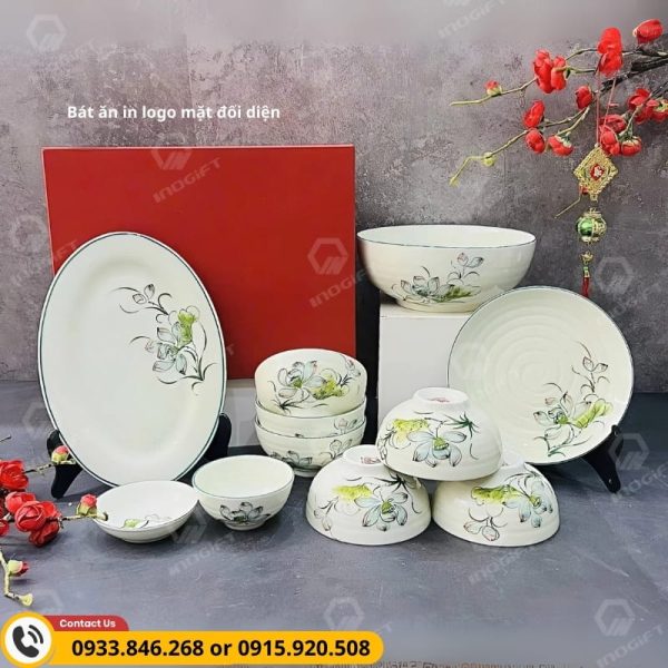 Bộ bát đĩa hoa sen xanh bền đẹp cho công nhân viên