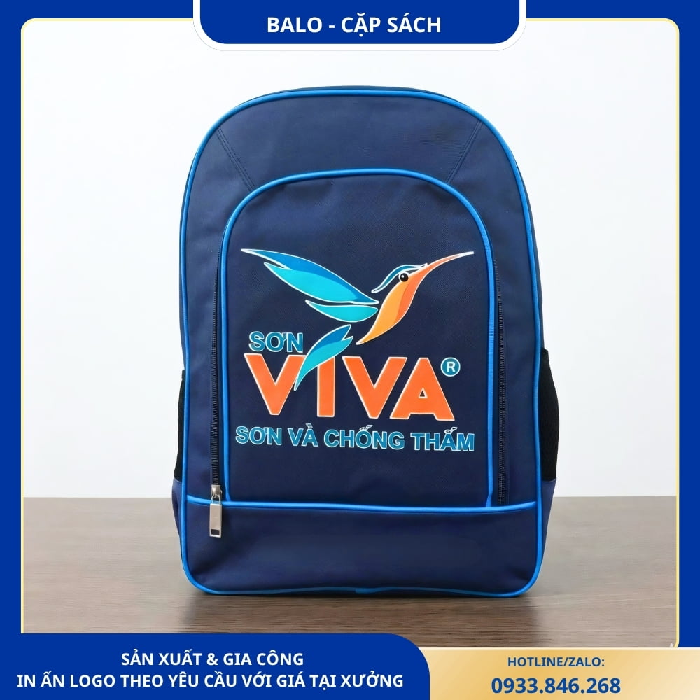 Balo xanh đậm in logo sơn Viva, thiết kế chắc chắn và tiện dụng