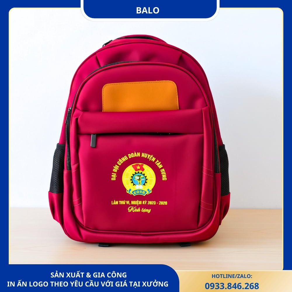 Balo Màu Đỏ In Thông Tin Đại Hội Công Đoàn Huyện Tân Hưng