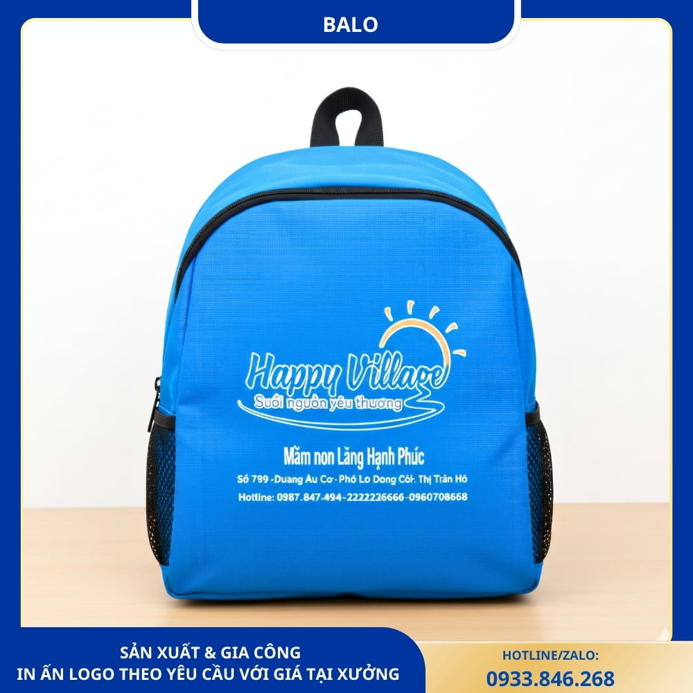 Balo xanh dương in thông tin trường mầm non