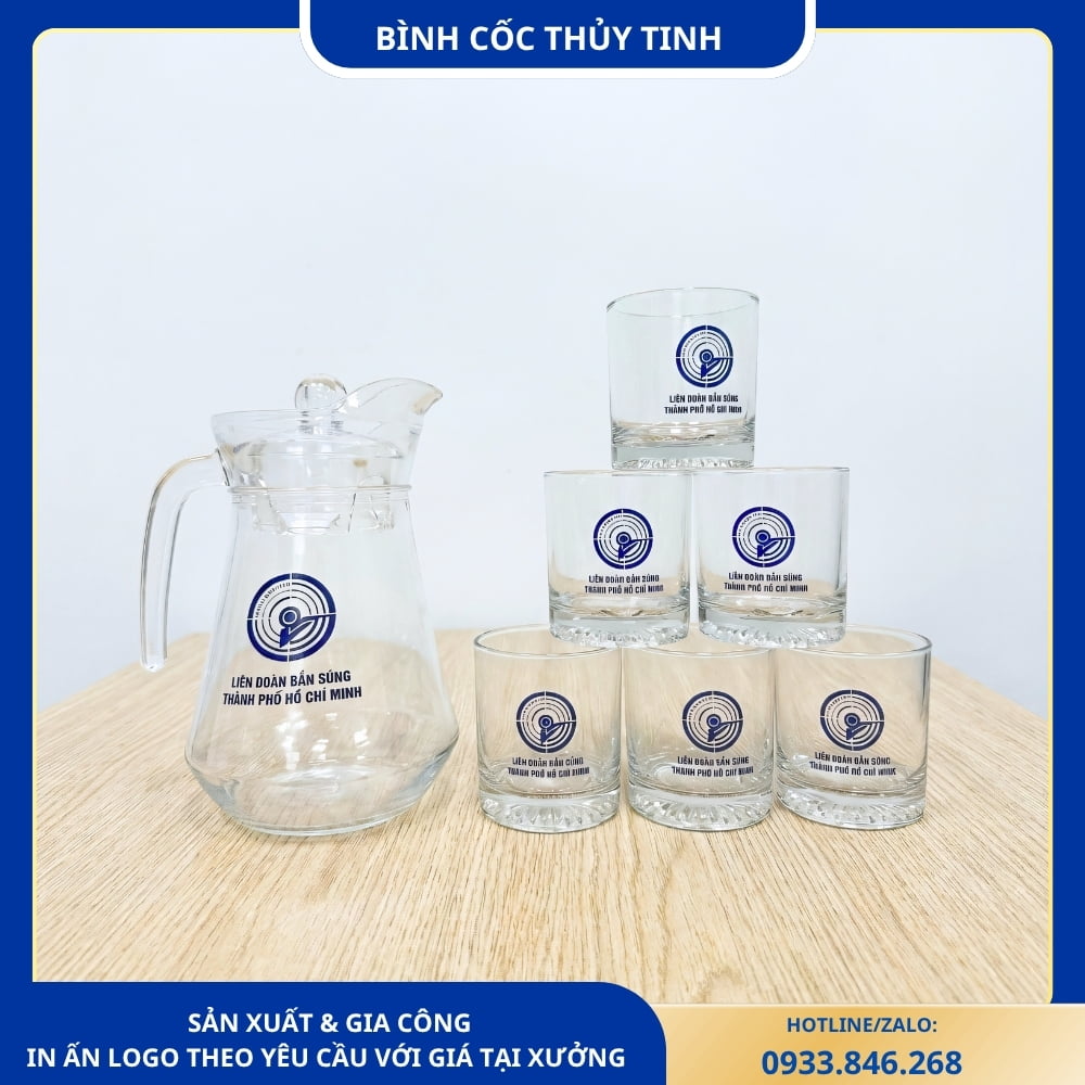 Bộ bình cốc in logo Liên đoàn Bắn súng TPHCM, thiết kế hiện đại