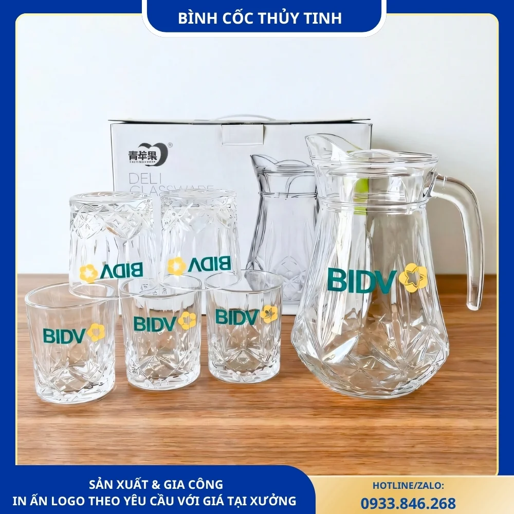 Bộ bình cốc thủy tinh Deli in logo BIDV, thiết kế sang trọng