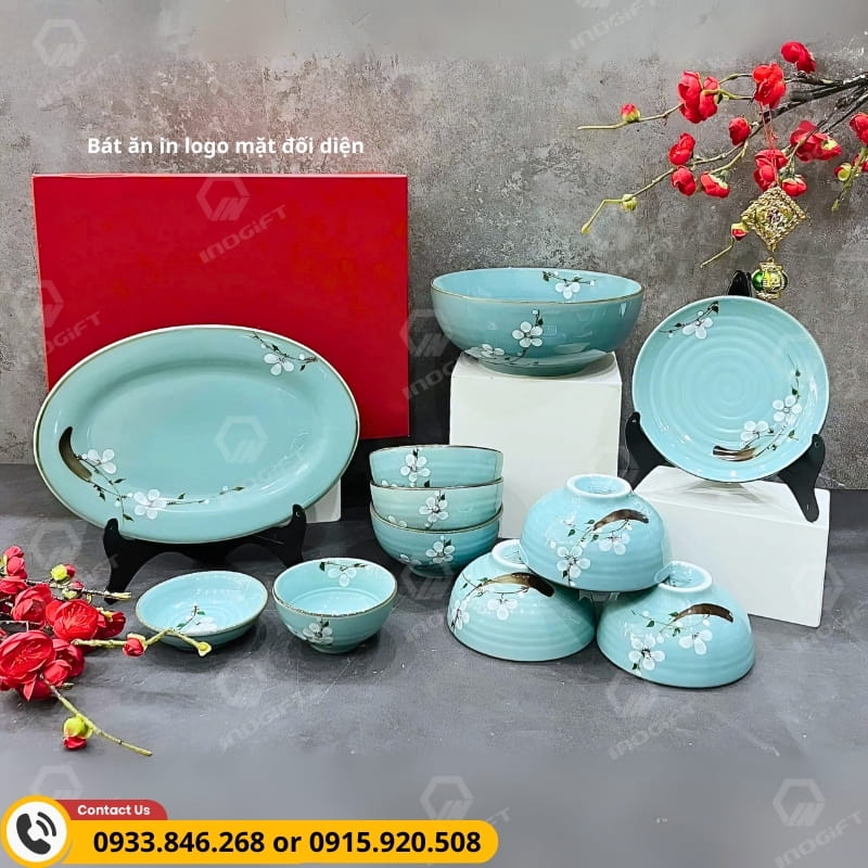 Bộ bát đĩa đẹp rẻ men xanh hoa đào làm quà tặng doanh nghiệp