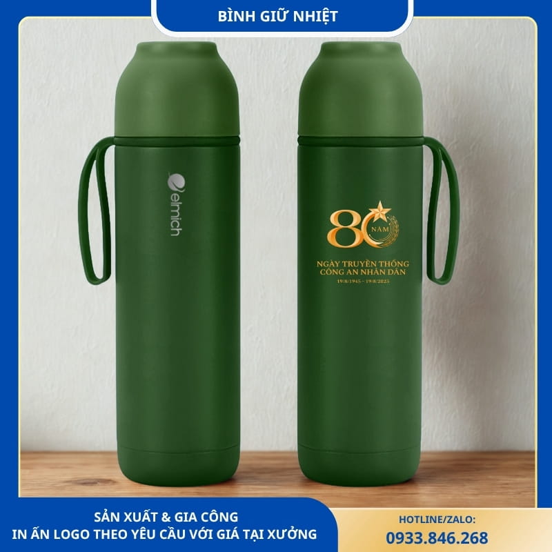 Bình giữ nhiệt trơn màu xanh dùng làm quà kỷ niệm 80 năm Công an