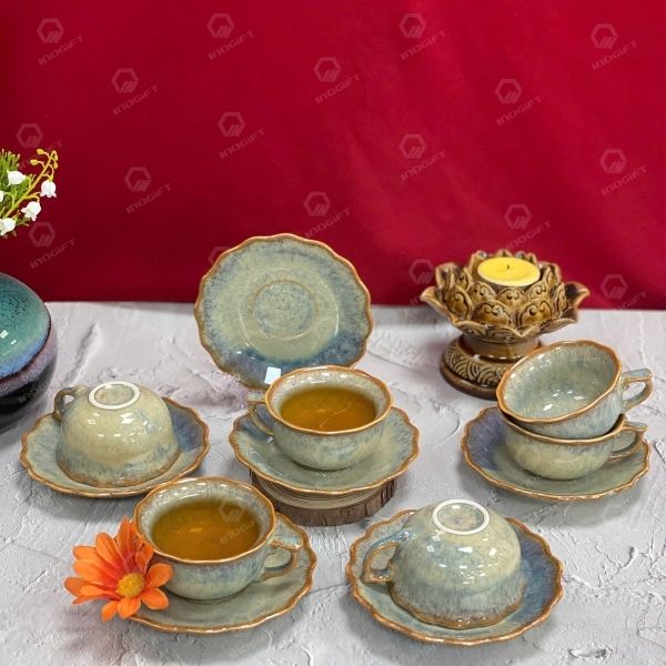 Bộ ấm chén bưởi lửa mẫu đơn men hoả biến