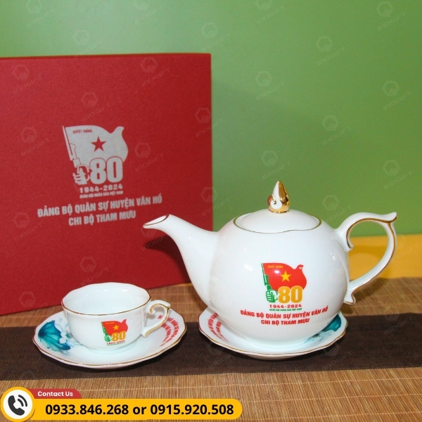 Bộ ấm chén quân đội in logo kỷ niệm thành lập