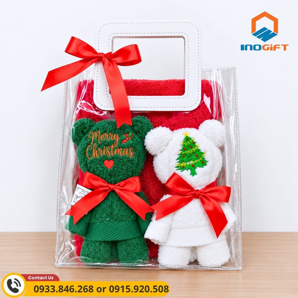 Set 2 khăn hình gấu làm quà tặng Noel