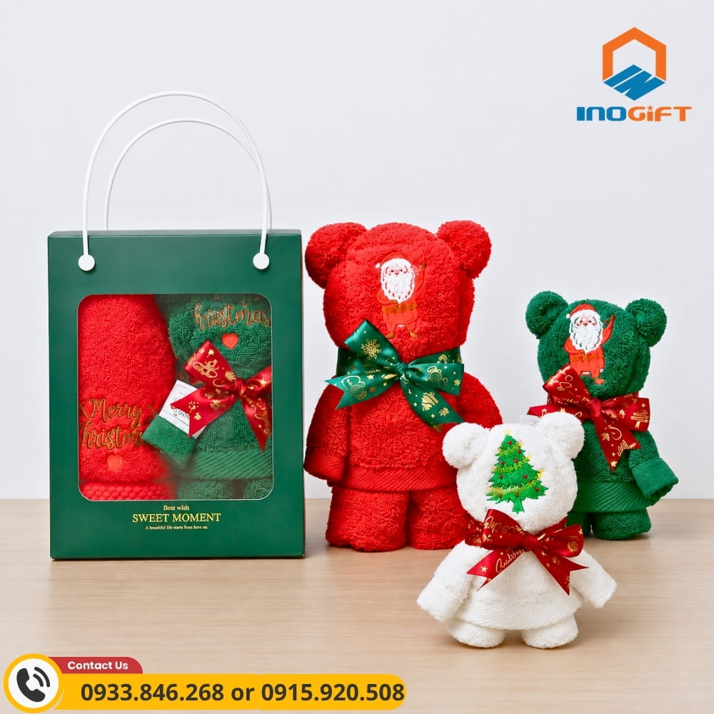 Set 2 khăn mặt gấu làm quà tặng Giáng sin