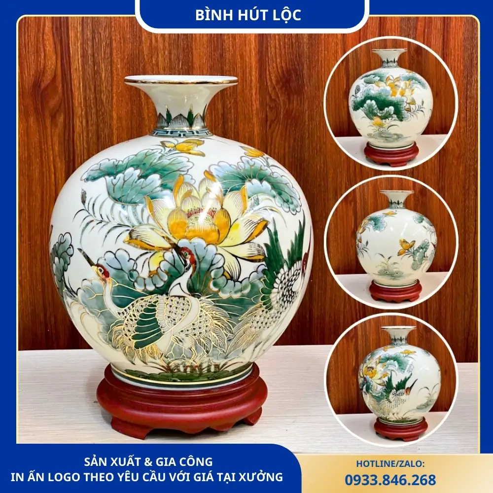 Bình Hút Lộc Vẽ Tay Cao Cấp Họa Tiết Sen Hạc