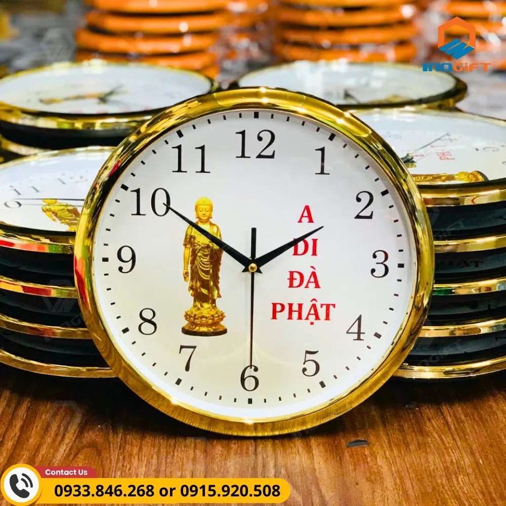 Đồng hồ treo tường vành xi vàng in A Di Đà Phật, thiết kế trang nghiêm và sang trọng