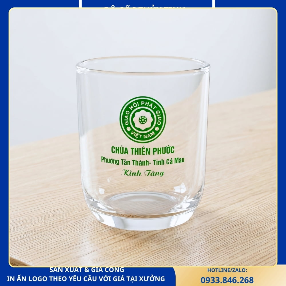 Bộ 6 cốc thủy tinh in thông tin chùa, thiết kế trang nhã