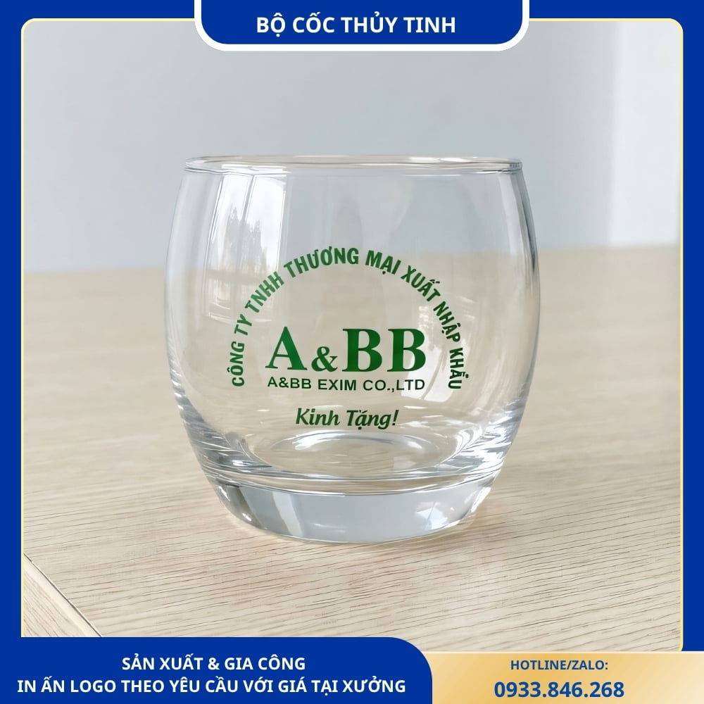 Bộ 6 cốc thủy tinh tròn in logo kèm hộp xi lót lụa sang trọng