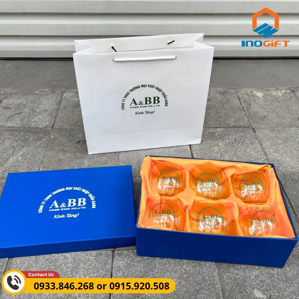 Bộ 6 ly thủy tinh tròn in logo kèm hộp xi sang trọng