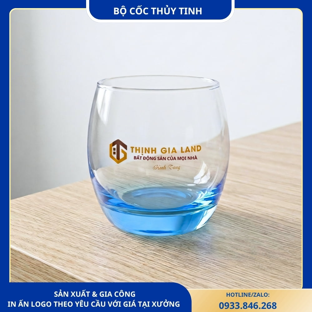Bộ cốc thủy tinh in logo công ty bất động sản, thiết kế hiện đại