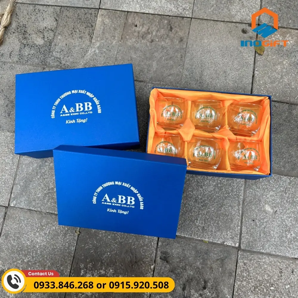Bộ cốc thủy tinh tròn in logo, thiết kế hiện đại, tinh tế