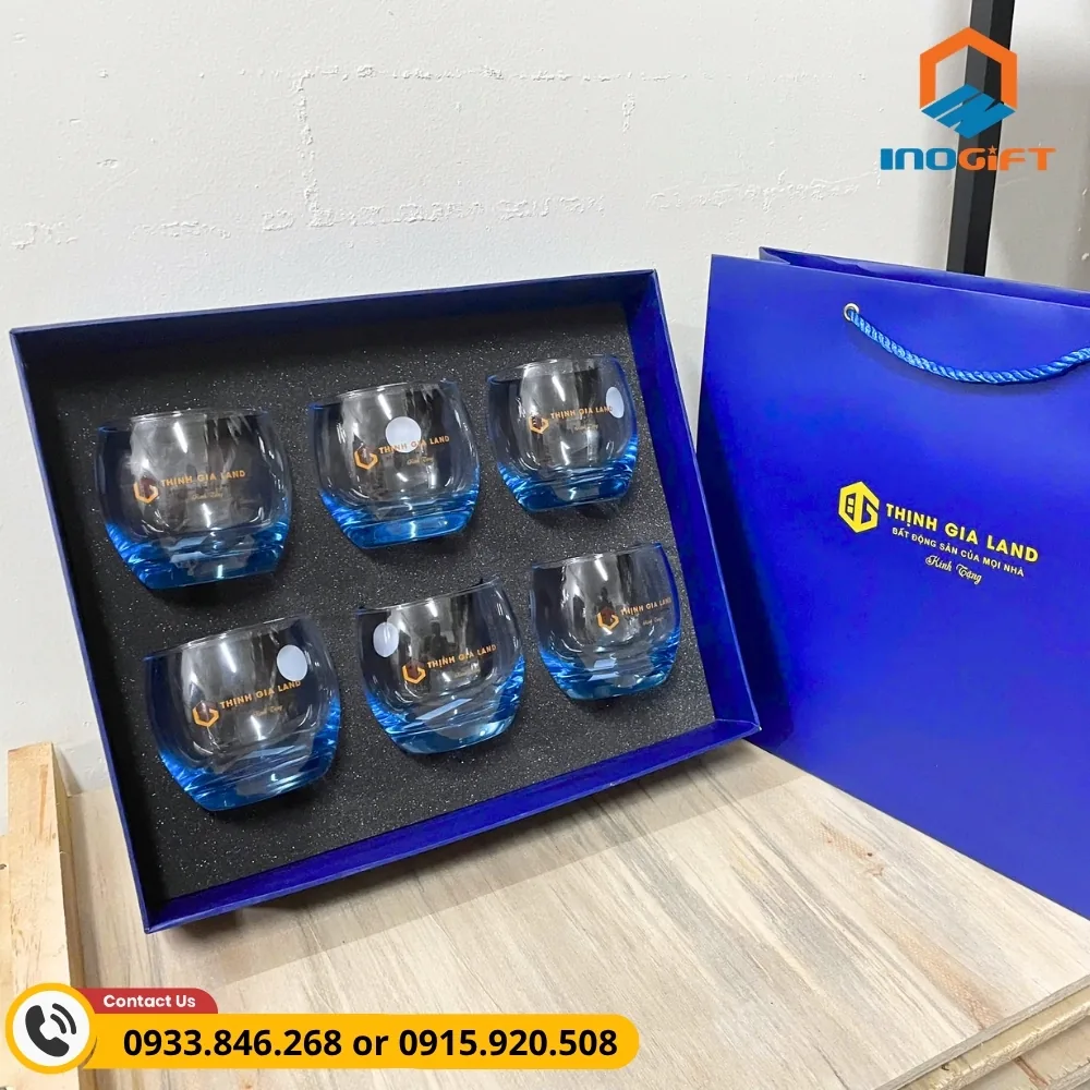 Bộ ly thủy tinh in logo bất động sản, thiết kế sang trọng