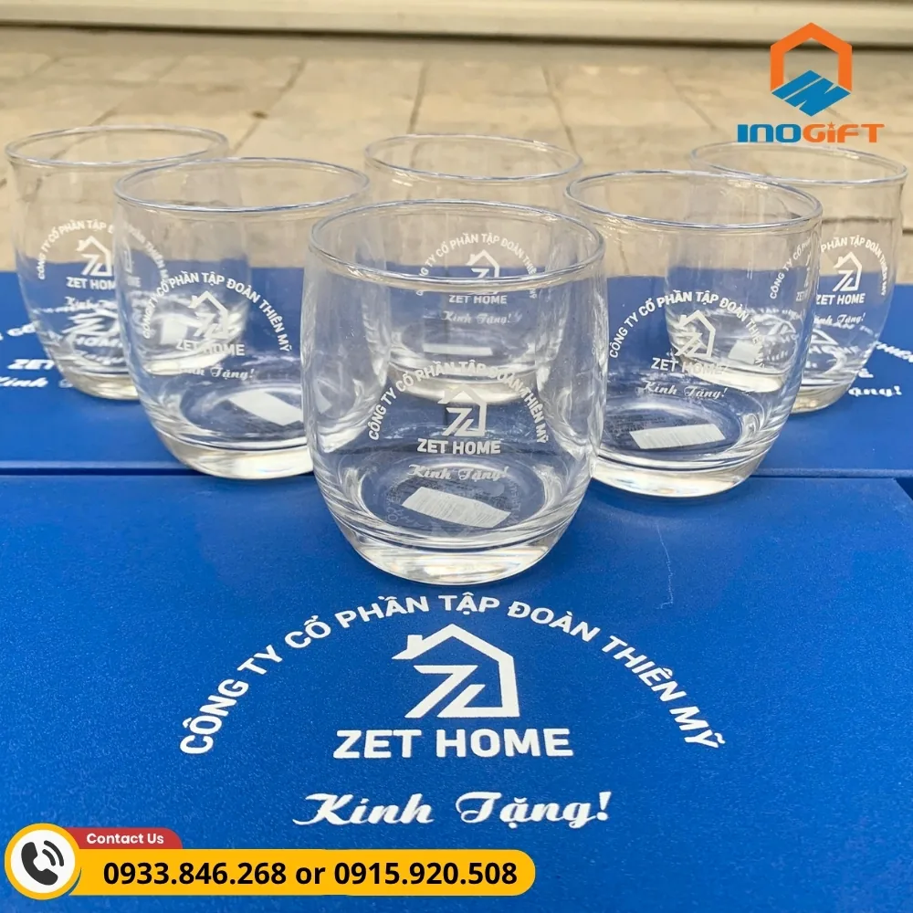 Bộ ly thủy tinh in logo Zet Home, thiết kế tinh tế