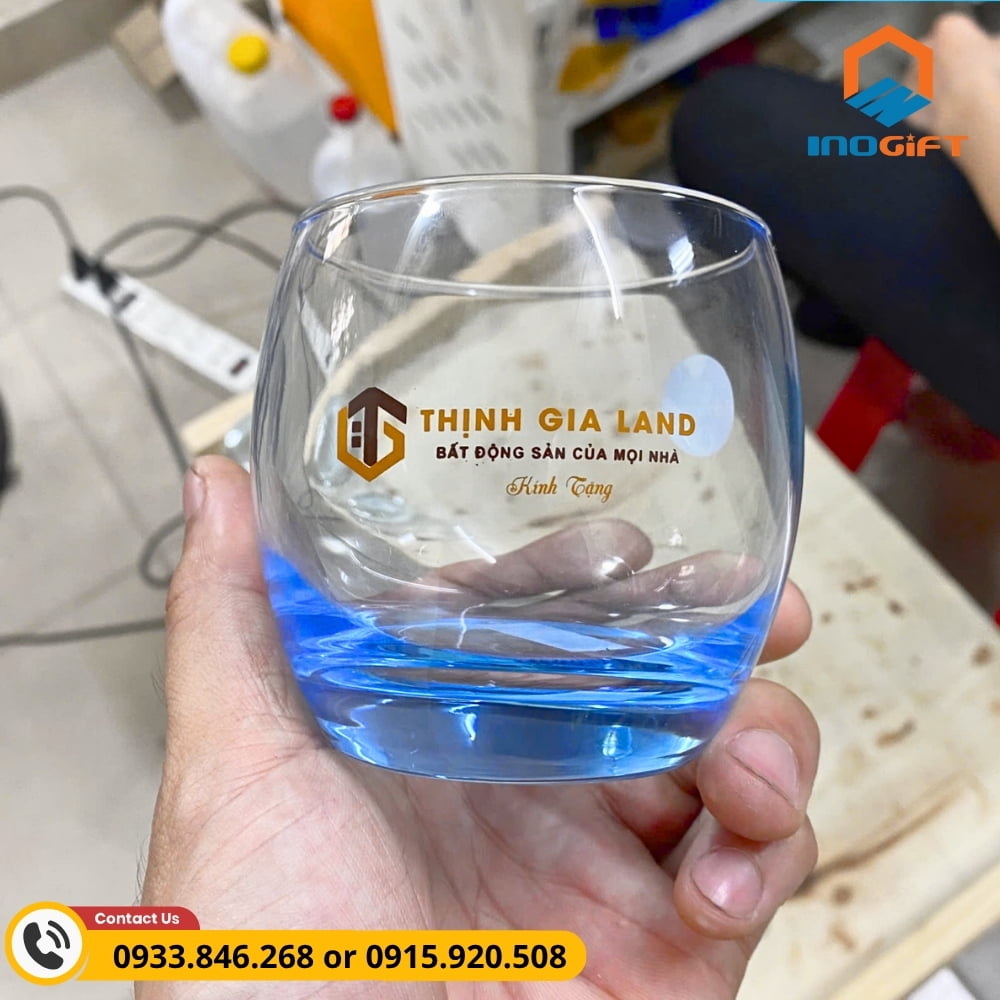 Bộ cốc thủy tinh in logo doanh nghiệp BĐS, kiểu dáng tinh tế