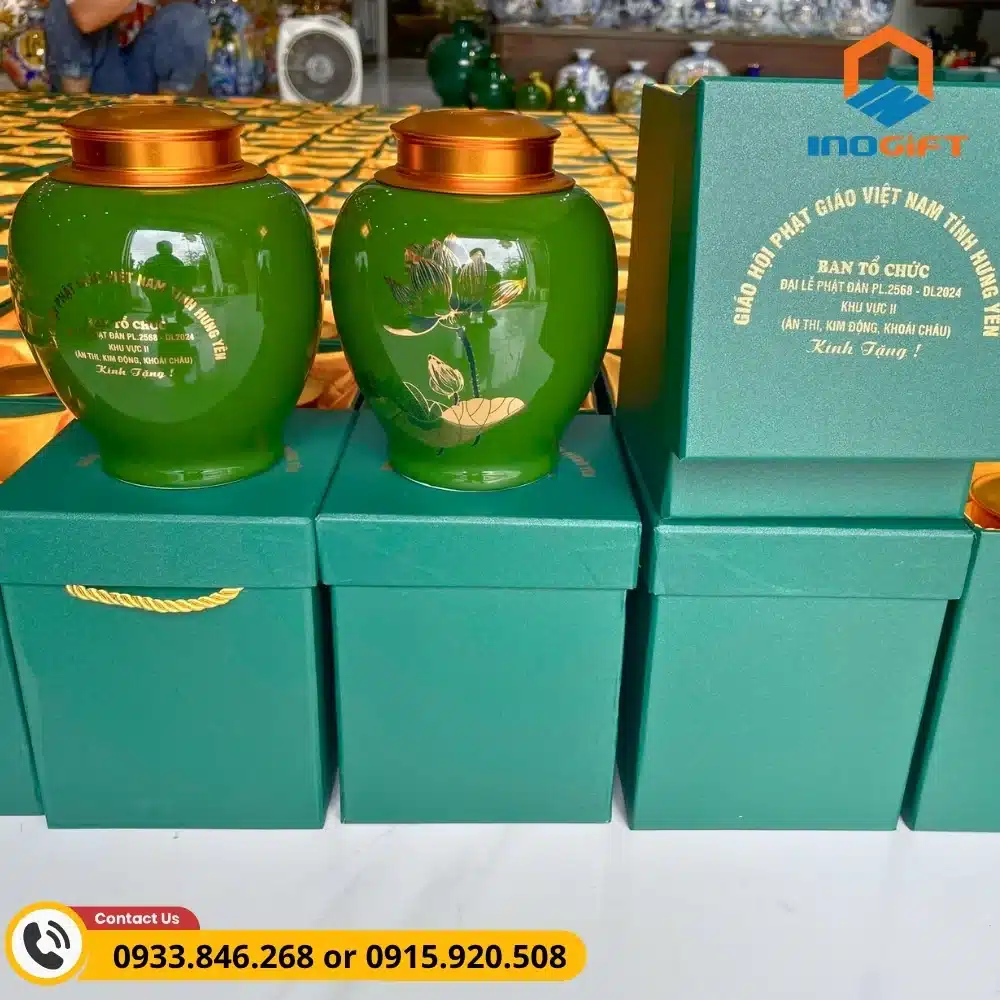 Hũ đựng trà hoa men xanh Phật giáo, thiết kế tinh tế