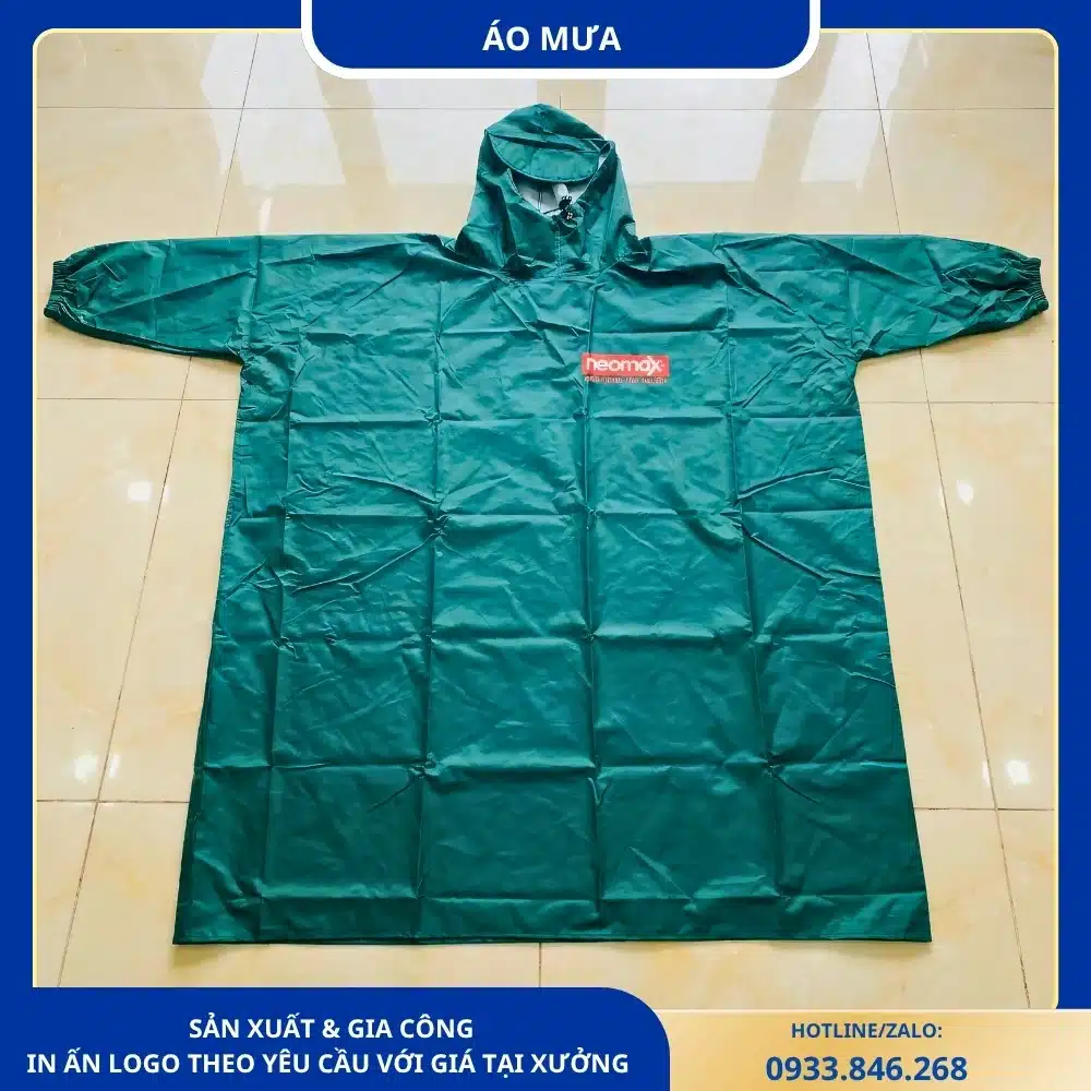Áo mưa bít xanh lá đậm in logo Neomax, thiết kế kín đáo và tiện dụng