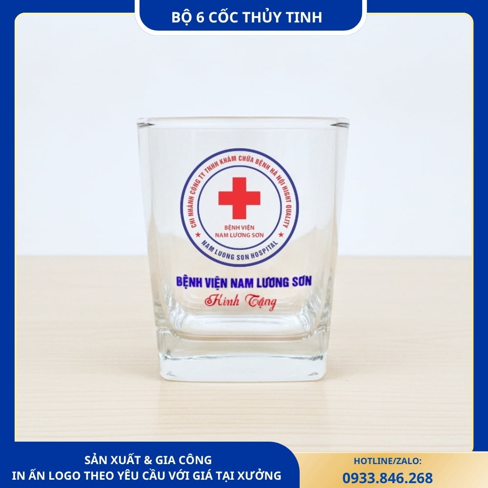 Bộ 6 cốc thủy tinh in logo bệnh viện làm quà tặng
