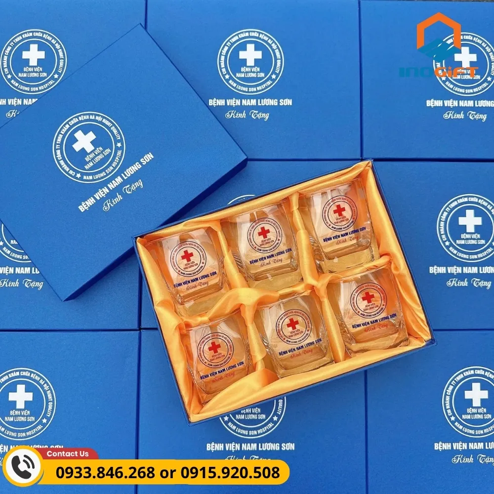 Bộ 6 ly thủy tinh in logo bệnh viện, kiểu dáng hiện đại