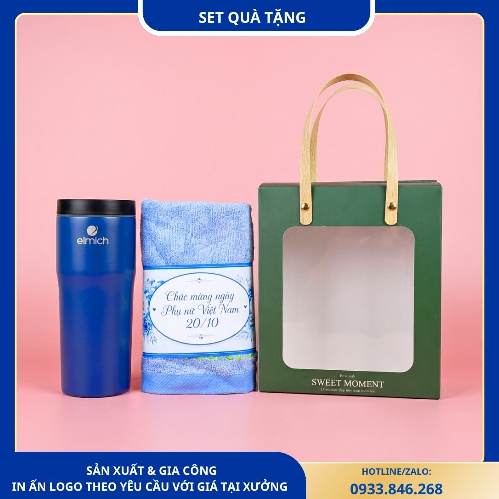 Set quà gồm cốc giữ nhiệt Elmich và khăn lau đầu tiện dụng