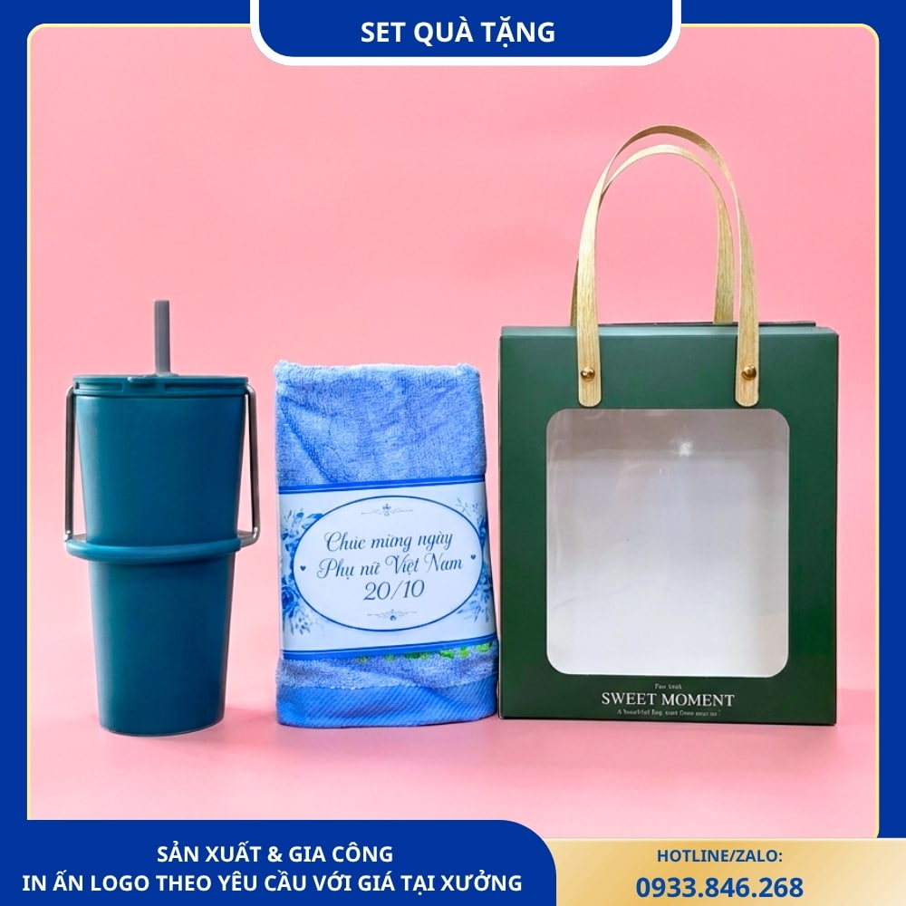 Set quà gồm cốc giữ nhiệt quai xách và khăn lau đầu tiện dụn