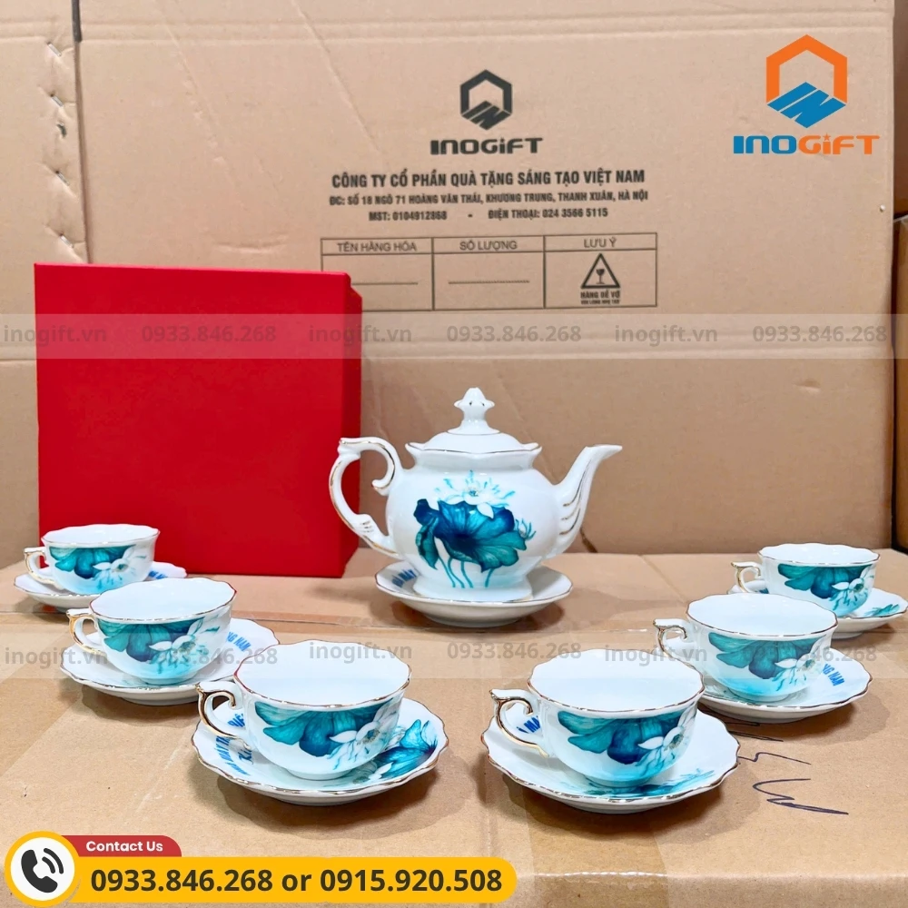 Bộ ấm chén Bát Tràng Mẫu Đơn in hoa sen Nhà máy Thủy điện