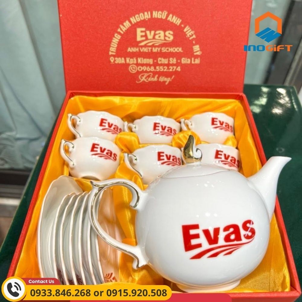 Bộ ấm chén mẫu đơn chỉ vàng logo Evans
