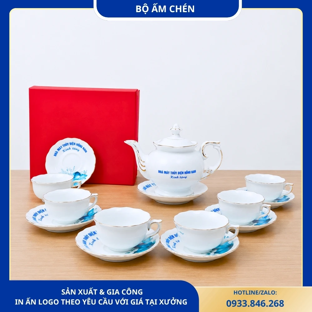 Bộ ấm chén dáng Mẫu Đơn hoa sen in Nhà máy Thủy điện