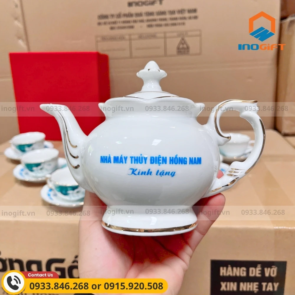Bộ ấm chén Mẫu Đơn hoa sen in logo nhà máy thủy điện