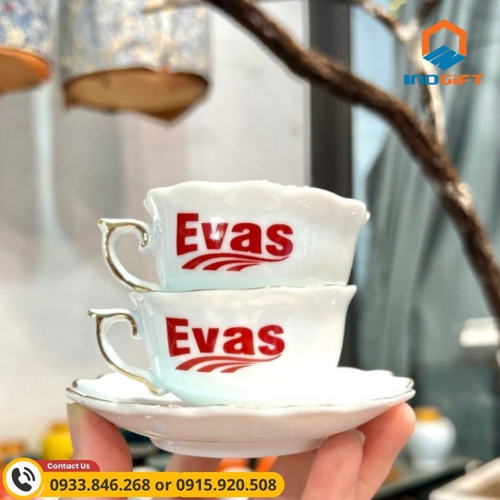Bộ ấm chén mẫu đơn in logo Evans kẻ chỉ vàng