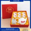 Bộ ấm chén mẫu đơn kẻ chỉ vàng in logo Evans