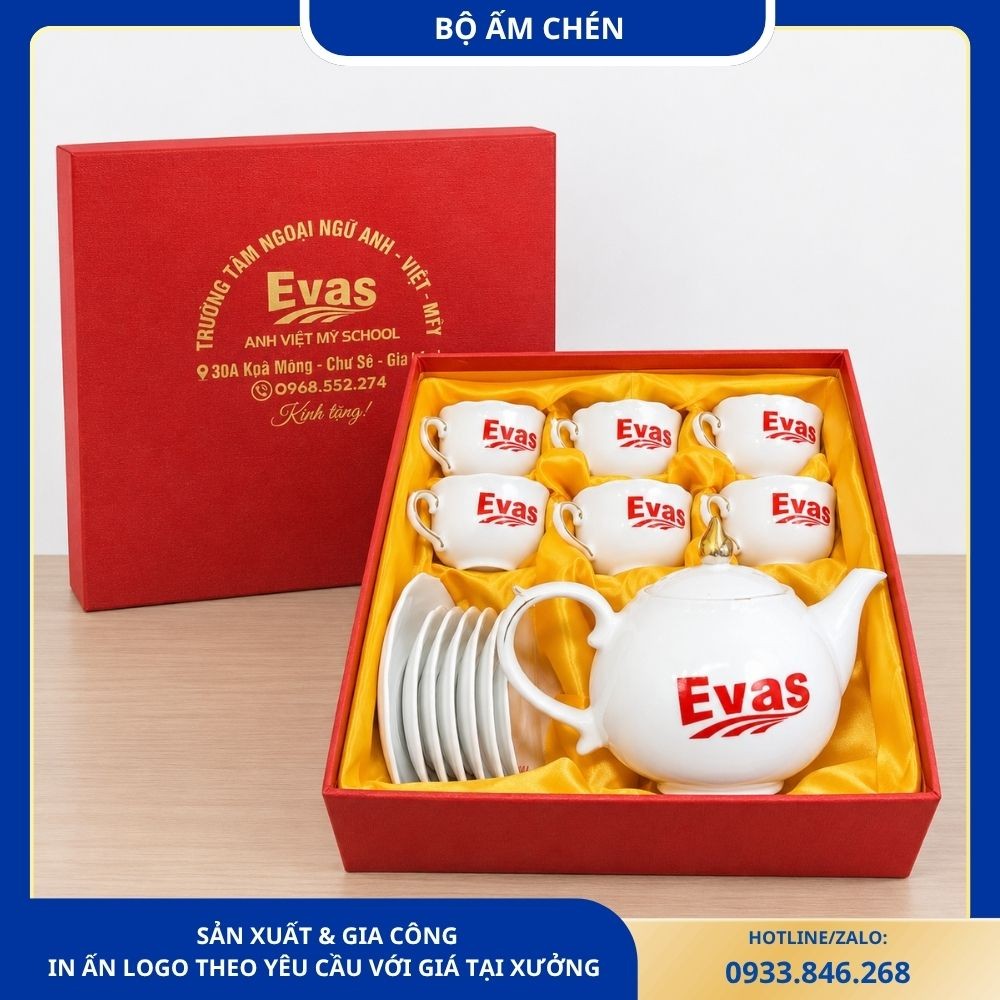 Bộ ấm chén mẫu đơn kẻ chỉ vàng in logo Evans