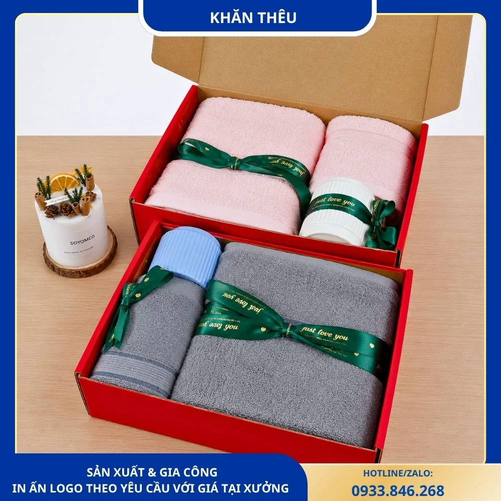 Set khăn tắm khăn lau đầu kèm nến quà tặng 8/3